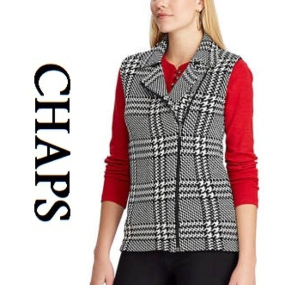CHAPS Knit Plaid Asymmetric Zip Vest Black White - Picture 1 of 7